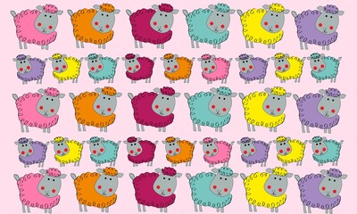 Fondo de ovejas de colores con fondo rosa.