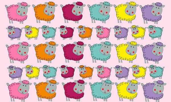Fondo de ovejas de colores con fondo rosa.