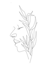 Line art woman with plant. One line fashion portrait for print, poster, tattoos, and any design purpose