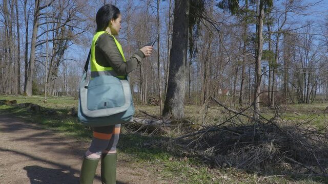 Woman environmental officer take photos pile of branches in park