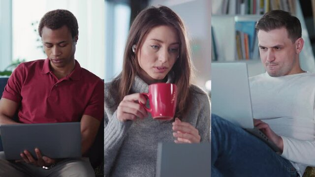 African american and caucasian people freelancers doing digital work on computer laptop drinking coffee spending time home. Coronavirus. Social distance. Multiscreen.