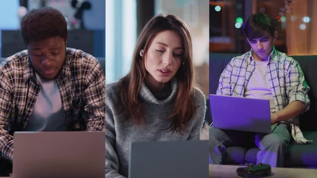 Multiscreen video portrait of diverse multi-generation young people working on freelance digital projects using their laptops in living room interior.