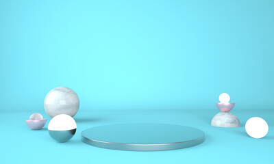 3d rendering studio with geometric shapes, podium on the floor. Platforms for product presentation, mock up background.