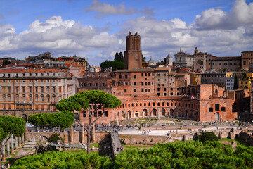 Fototapeta na wymiar View from the Campidoglio to the Imperial forum (Fori Imperiali) and the Monti district, Rome, Italy 