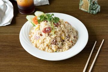 Authentic Thai fried rice. Fried rice served in a Thai restaurant. 