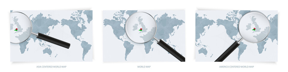 Blue Abstract World Maps with magnifying glass on map of Wales with the national flag of Wales. Three version of World Map.