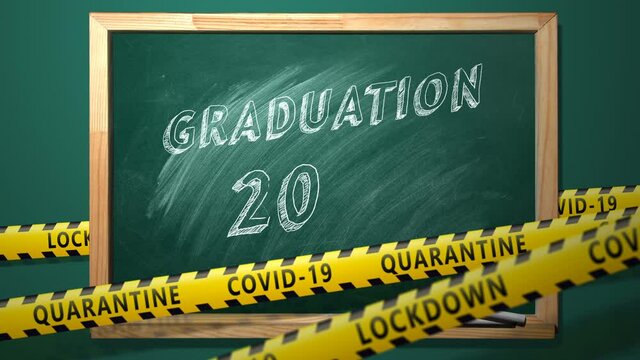 Lettering GRADUATION 2021 on green chalkboard. Congratulation graduates. New normal concept.