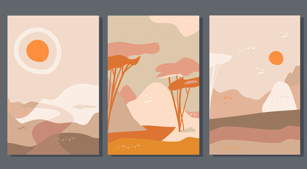 Set of abstract landscapes with valle,hills and sun.Paper cut style.Mid century art.Contemporary posters with nature view.Summer travelling.Banner for cafe, beauty salon.Hand drawn background
