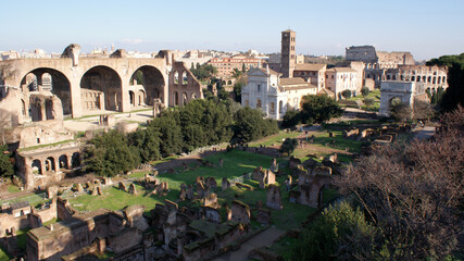 Fototapeta na wymiar Rome, Italy, January 2007: Landscape of the Roman Forum from the hill. On background the Tito`s arch and the Coliseum.