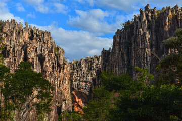 The jagged pinnacles of the narrow gorge leading to the Gruta do Salitre cave near Diamantina, Minas Gerais, Brazil	
