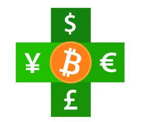 Bitcoin to dollar currency exchange. Bitcoin exchange with bitcoin coin symbol and sign of other currencies. Crypto currency technology. Vector illustration