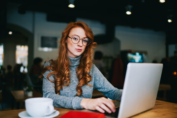 Charming woman with opened laptop in cafe