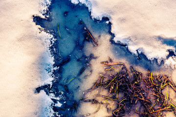 Grass covered with ice and sprinkled with snow. Close up view from above