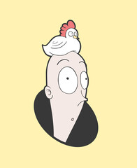 Funny man with hen in his head