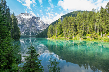 Fototapeta na wymiar The beautiful Lago di Braies in the Italian Dolomites