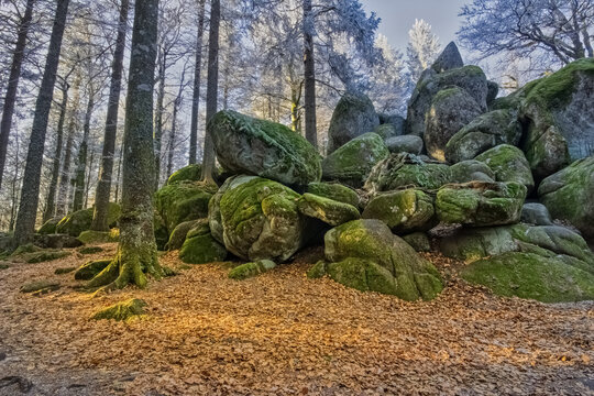 The Guenterfelsen, a Giant rock formation with autumn foliage, in the Simonswald, on the Brend Way, in the Black Forest, Southwest Germany