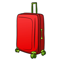 Items for transport red suitcase on wheels in cartoon style
