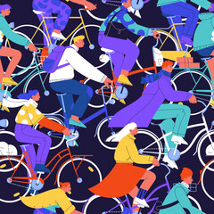 Seamless pattern with different cyclists on the dark background. A crowd of men and women riding all kinds of city bicycles. Tight pattern with large elements