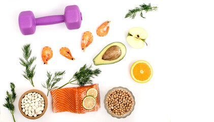 Healthy food during fitness, sports, yoga for the female body. View top