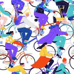 Seamless pattern with different cyclists on the transparent background. A crowd of men and women riding all kinds of city bicycles. Tight pattern with large elements