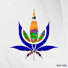 Fototapeta na wymiar Flag of Kansas in Marijuana leaf shape. The concept of legalization Cannabis in Kansas.