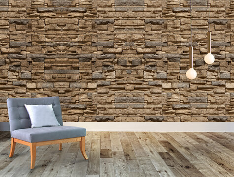 bright empty interior design, stone wall. 3D illustration
