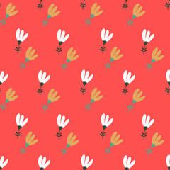 Seamless vector pattern with delicate white and yellow flowers on a red background. Creative floral texture. Great for fabric, textile and design