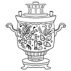 Images coloring book for children, Russian motifs, samovar with patterns painted