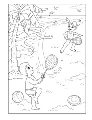 Children play badminton. Summer. Beach. Relaxation. Coloring pages.