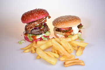 Red tasty burger and french fries