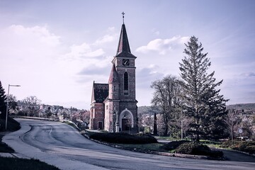 Fototapeta premium A dramatic view to the Church of Saints Cyril and Methodius at Bilovice, Czech republic