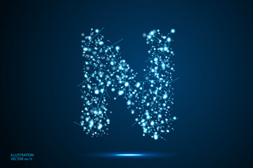 Abstract letters font is made up of triangles, lines, dots and connections. On a dark blue background, stars of the cosmic universe, meteorites, galaxies. Vector illustration eps 10.