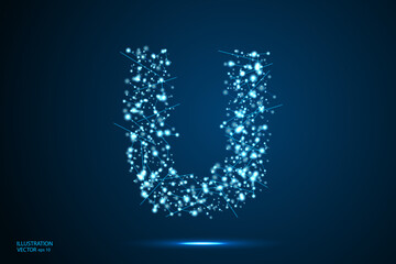 Abstract letters font is made up of triangles, lines, dots and connections. On a dark blue background, stars of the cosmic universe, meteorites, galaxies. Vector illustration eps 10.