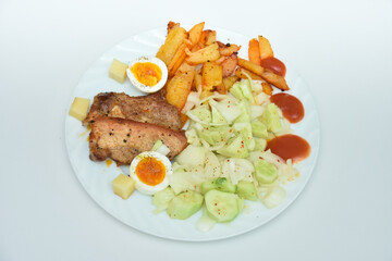 Traditional romanian food ,potato salad with barbecue 