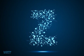 Abstract letters font is made up of triangles, lines, dots and connections. On a dark blue background, stars of the cosmic universe, meteorites, galaxies. Vector illustration eps 10.