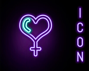 Glowing neon line Female gender symbol and heart icon isolated on black background. Venus symbol. The symbol for a female organism or woman. Colorful outline concept. Vector
