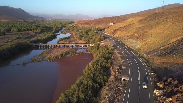 traffic on the highway , M'hamid El ghizlane Morocco Aerial view 
