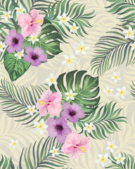 Tropical vector pattern with hibiscus, orchid, palm leaves.Exotic style. Seamless botanical print for textile, print, fabric on dark background