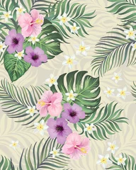 Schilderijen op glas Tropische vector patroon met hibiscus, orchidee, palm bladeren. Exotische stijl. Naadloze botanische print voor textiel, print, stof op donkere achtergrond © Logunova  Elena