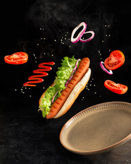 Flying hot dog with salad, tonatoes, sausage. Levitation