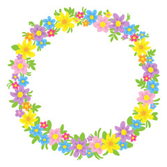 Beautiful decorative wreath of colorful flowers. Round frame isolated on white background. In cartoon style. Place for your text. Vector flat illustration.