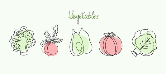 Vegetables set in line art style. One line drawings. Vector graphics. Isolated background.