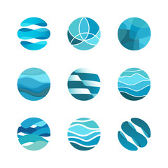 Abstract blue global business logo with wavy lines in circle,pictogram sea waves,badge ocean,water aqua flow,design template vector icon.Sign digital innovation technology,symbol hotel,cruise travel