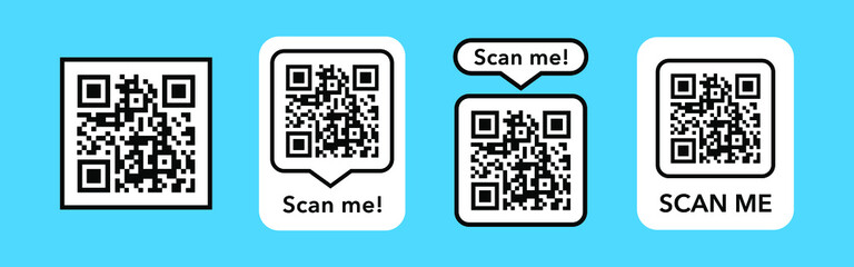Qr codes with scan me inscription with phone. Qr code for payment, e-wallet, web, package. Inscription scan me. Mobile payment and identity. 