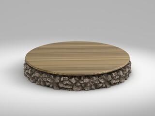 Abstract minimal scene. Cylinder stone podium stage with the wood cover on a white background for show product cosmetic presentation, 3d render.
