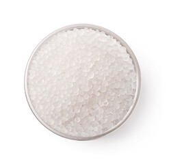 Top view of glass bowl of silica gel granules