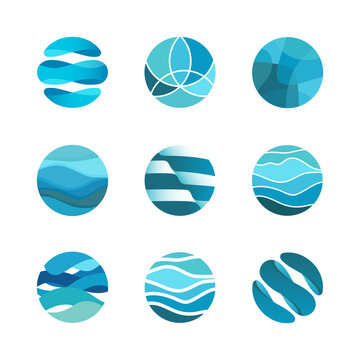 Abstract Blue Global Business Logo With Wavy Lines In Circle,pictogram Sea Waves,badge Ocean,water Aqua Flow,design Template Vector Icon.Sign Digital Innovation Technology,symbol Hotel,cruise Travel