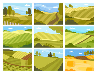 Country View with Soil, Pasture Land and Winding Road as Green Landscape Vector Set