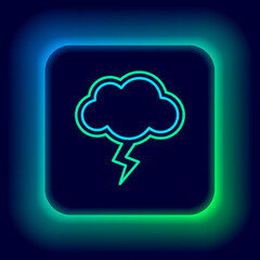 Glowing neon line Storm icon isolated on black background. Cloud and lightning sign. Weather icon of storm. Colorful outline concept. Vector