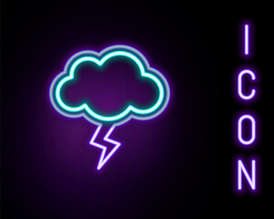 Glowing neon line Storm icon isolated on black background. Cloud and lightning sign. Weather icon of storm. Colorful outline concept. Vector